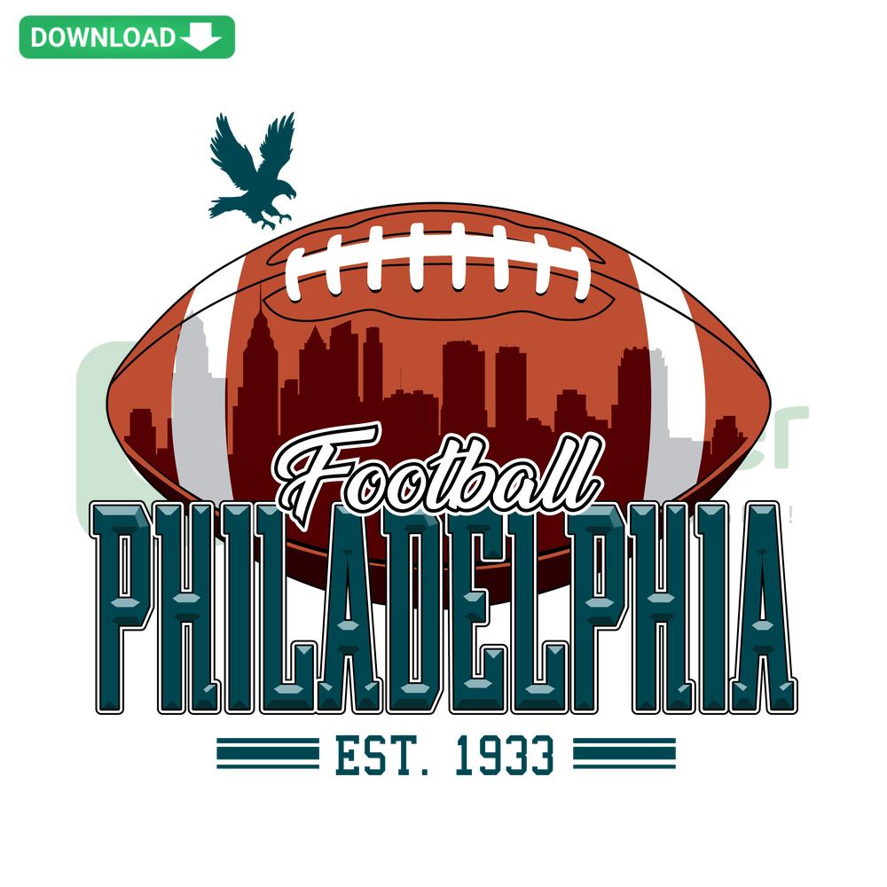 Retro Philadelphia Eagles Football Skyline SVG showing vintage team logo, cityscape, ideal for designers seeking SVG design resources.