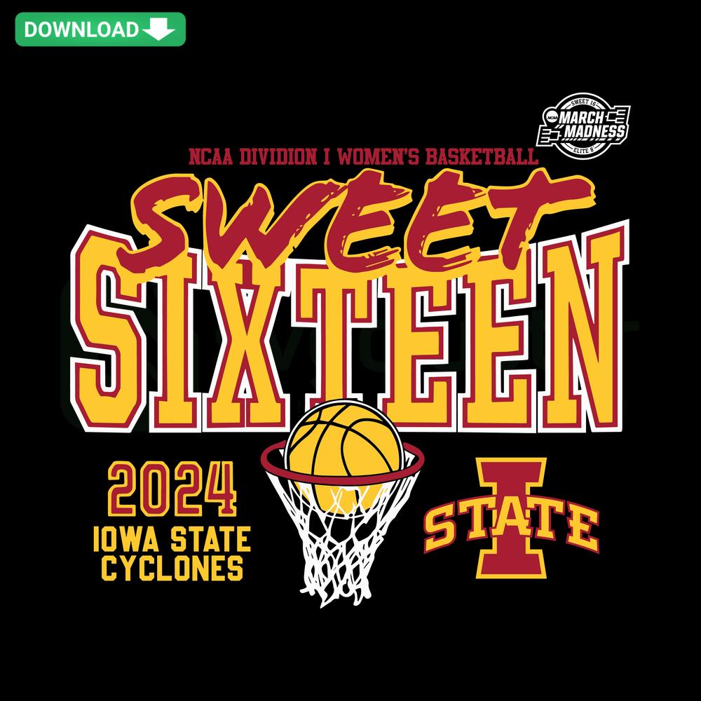 Iowa State Cyclones 2024 NCAA Women's Basketball Sweet 16 SVG Template, vibrant card design featuring team colors and logo.