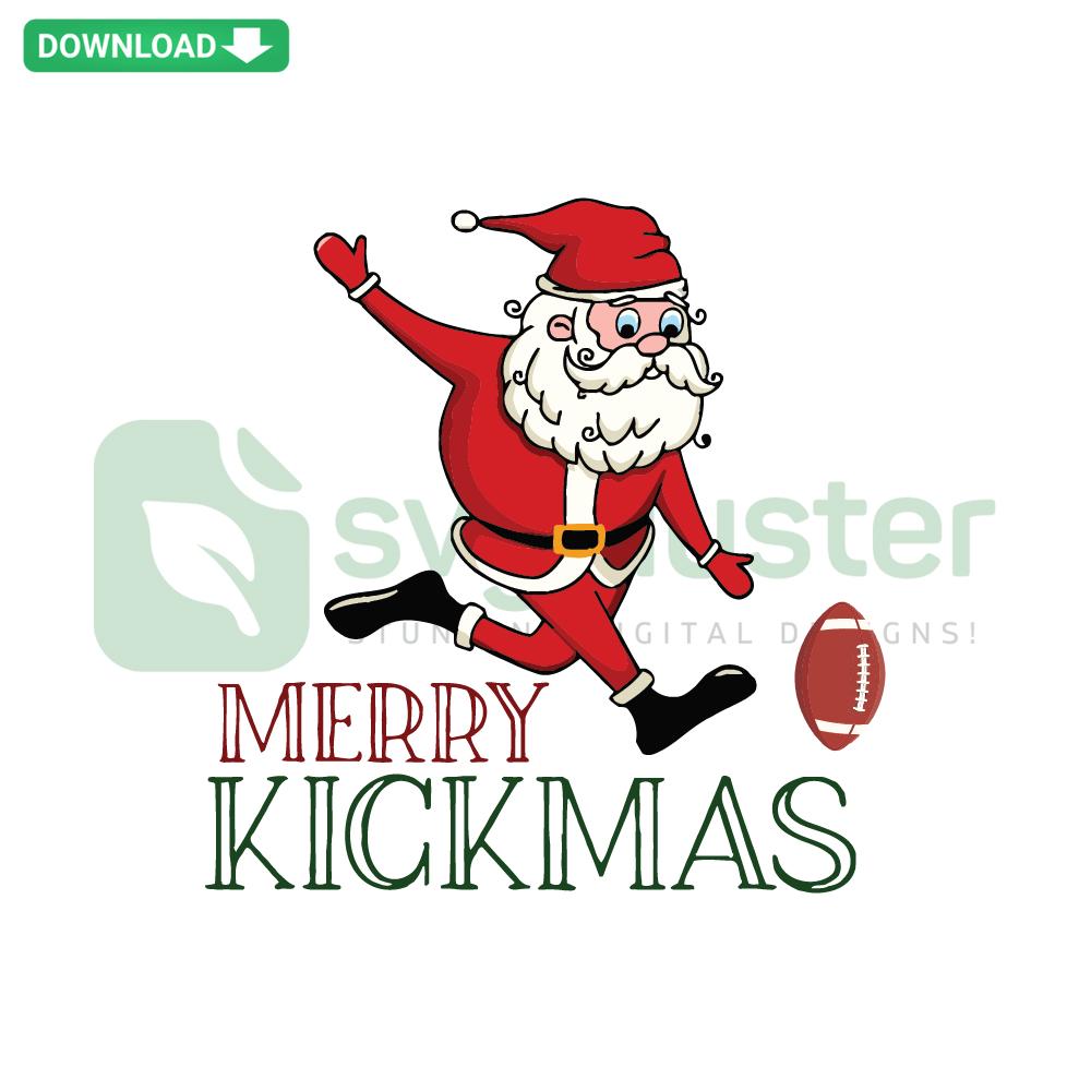 Merry Kicksmas Santa Football SVG design showcased on holiday apparel and accessories