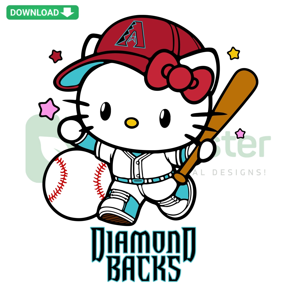 Hello Kitty wearing Arizona Diamondbacks uniform, holding baseball bat; custom SVG illustration design for sports fans.