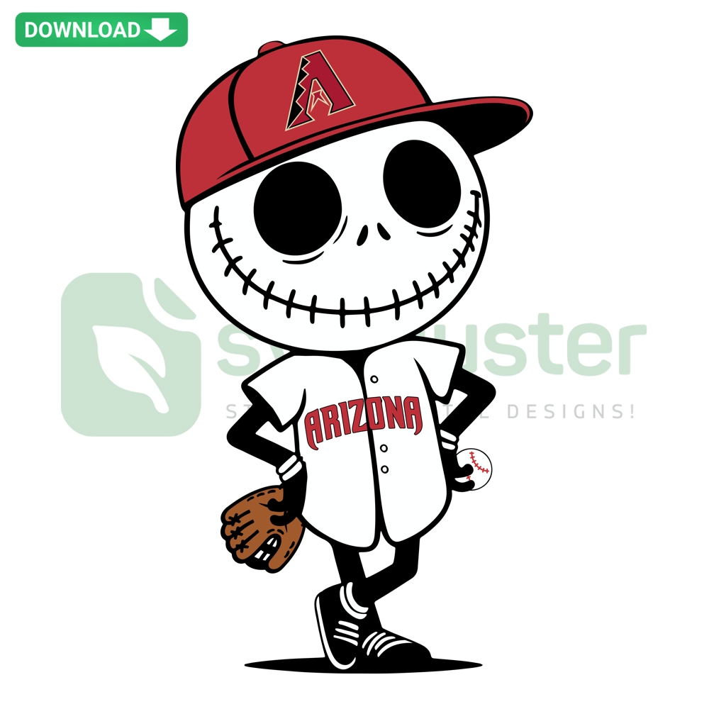Jack Skellington in Arizona Diamondbacks gear, Halloween baseball theme SVG PNG, perfect for fans and digital crafting projects.