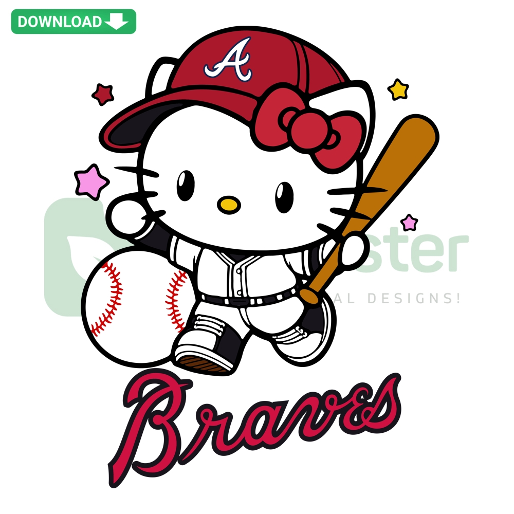 Hello Kitty in Atlanta Braves uniform holding a baseball bat, digital fan art and cutting file for baseball fans.
