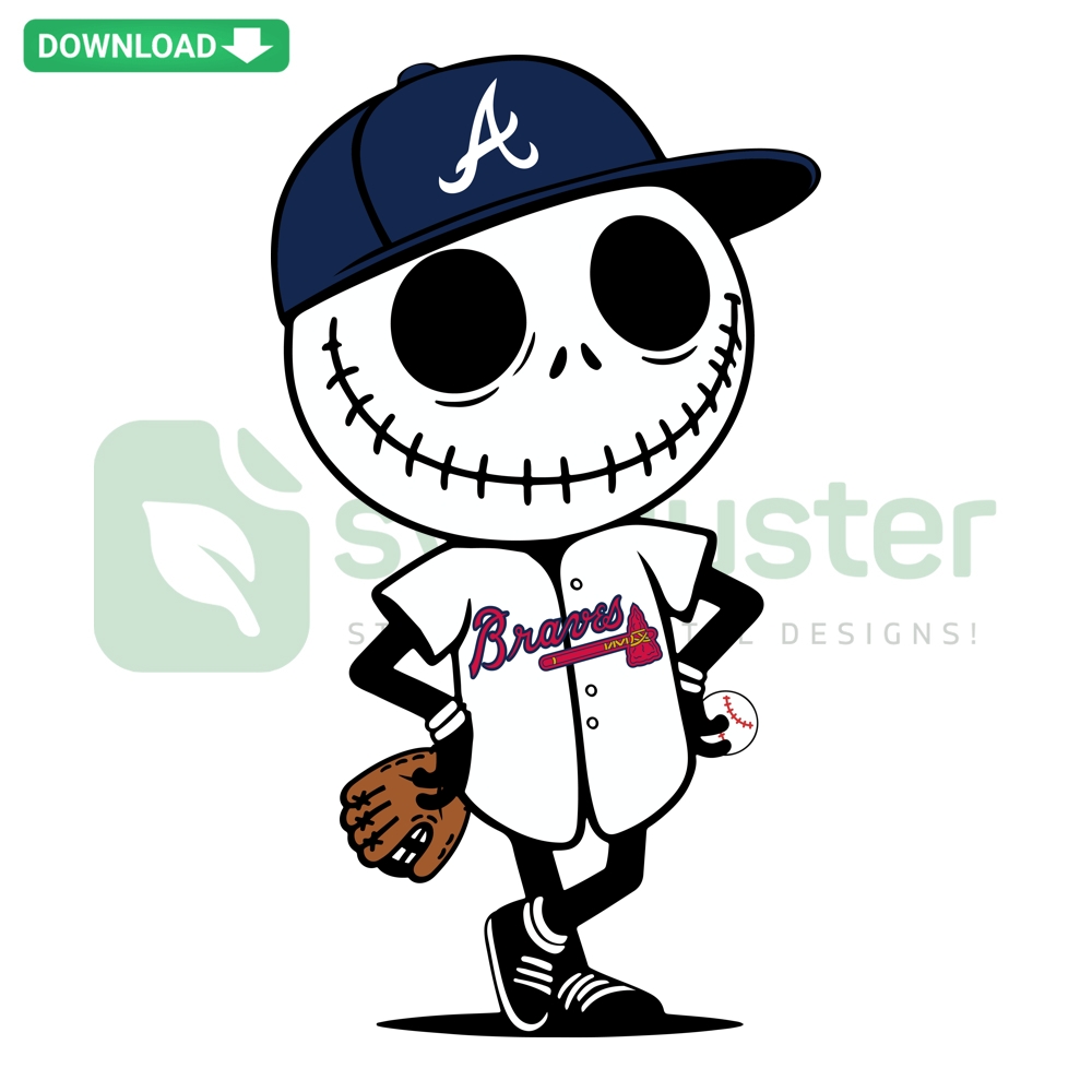 Jack Skellington in Atlanta Braves attire, Halloween-themed SVG PNG, bold baseball pumpkin design, perfect for Cricut projects.