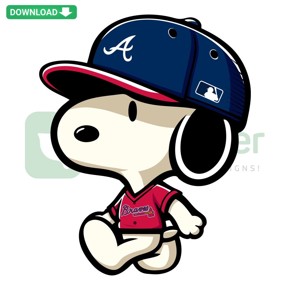 Atlanta Braves Snoopy in baseball uniform, cartoon SVG/PNG/DXF/EPS design with cap and bat, sports mascot digital art.
