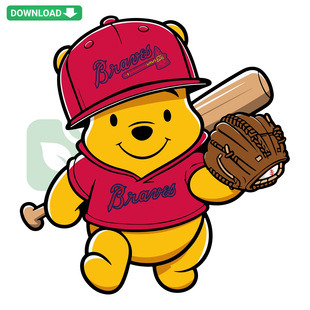 Atlanta Braves Winnie The Pooh baseball design, SVG PNG format, featuring iconic Pooh bear in Braves gear, perfect for fan crafts.