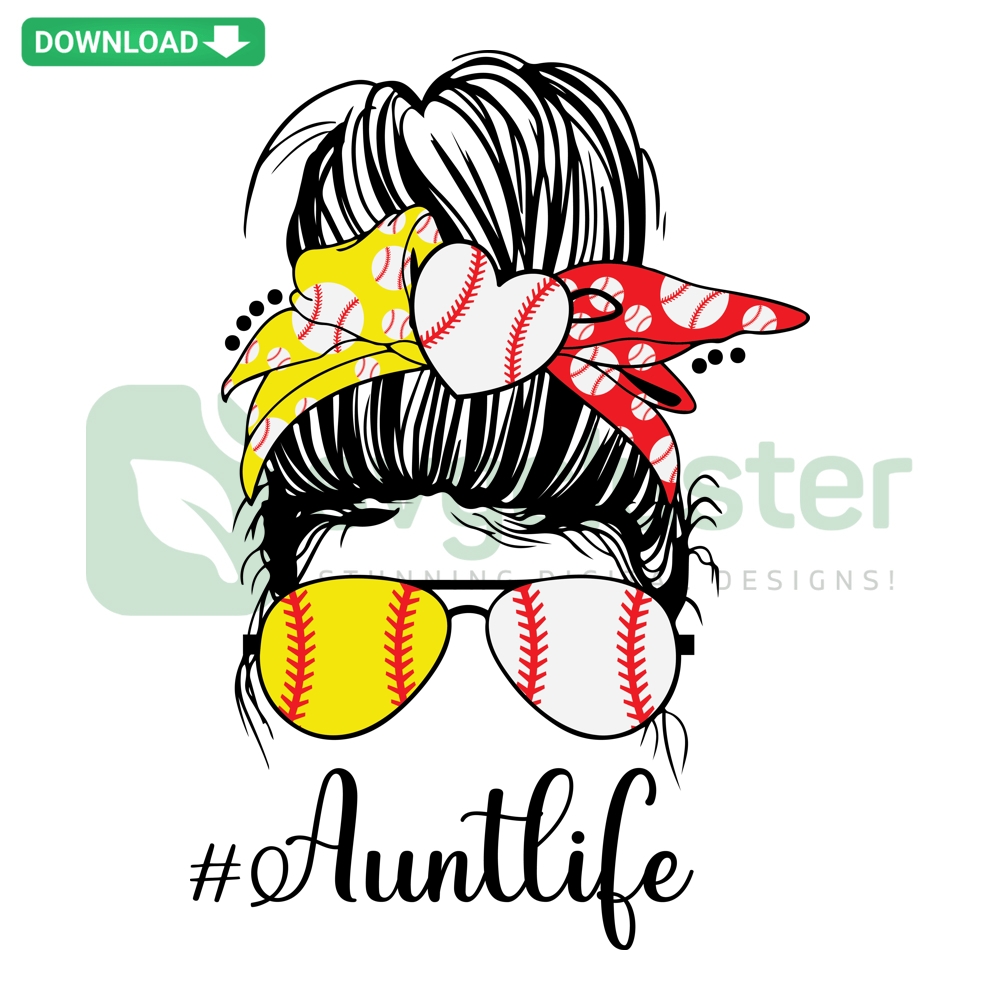 Messy Bun Sports Family SVG PNG: Aunt Life Softball Baseball Digital Design - Perfect for Crafts & Apparel.