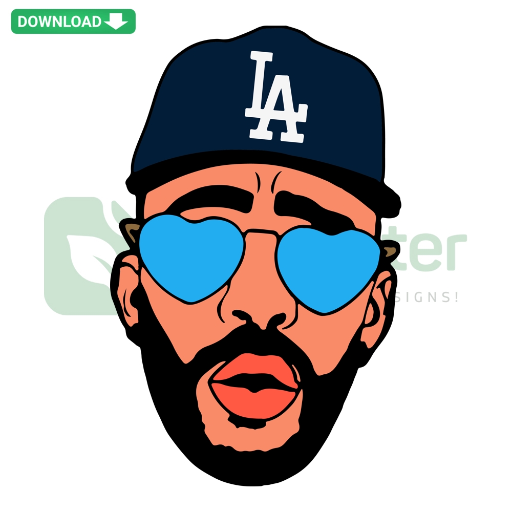 Digital art of Bad Bunny face wearing LA Dodgers cap; Baseball fan SVG PNG DXF EPS; vibrant colors; pop culture sports fusion.