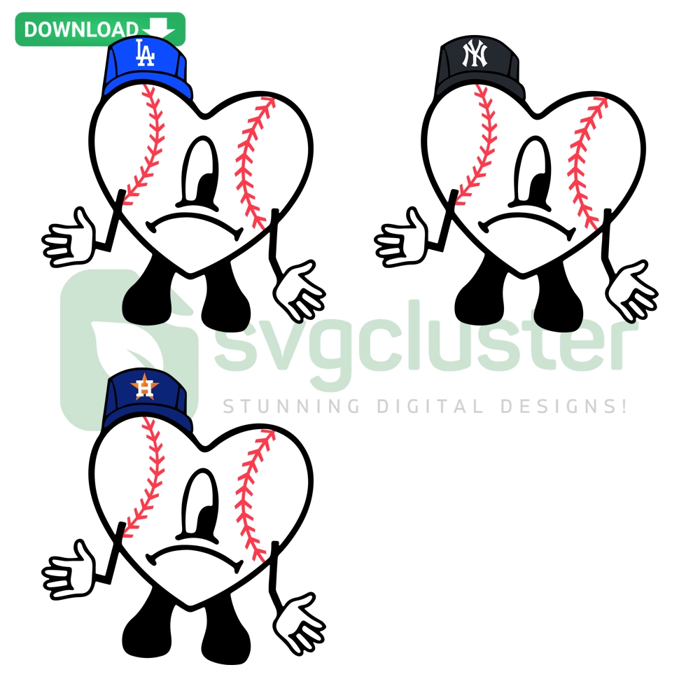 Bad Bunny Heart Baseball MLB Teams Collection Digital Design in SVG, PNG, DXF, EPS featuring team logos and heart motif.