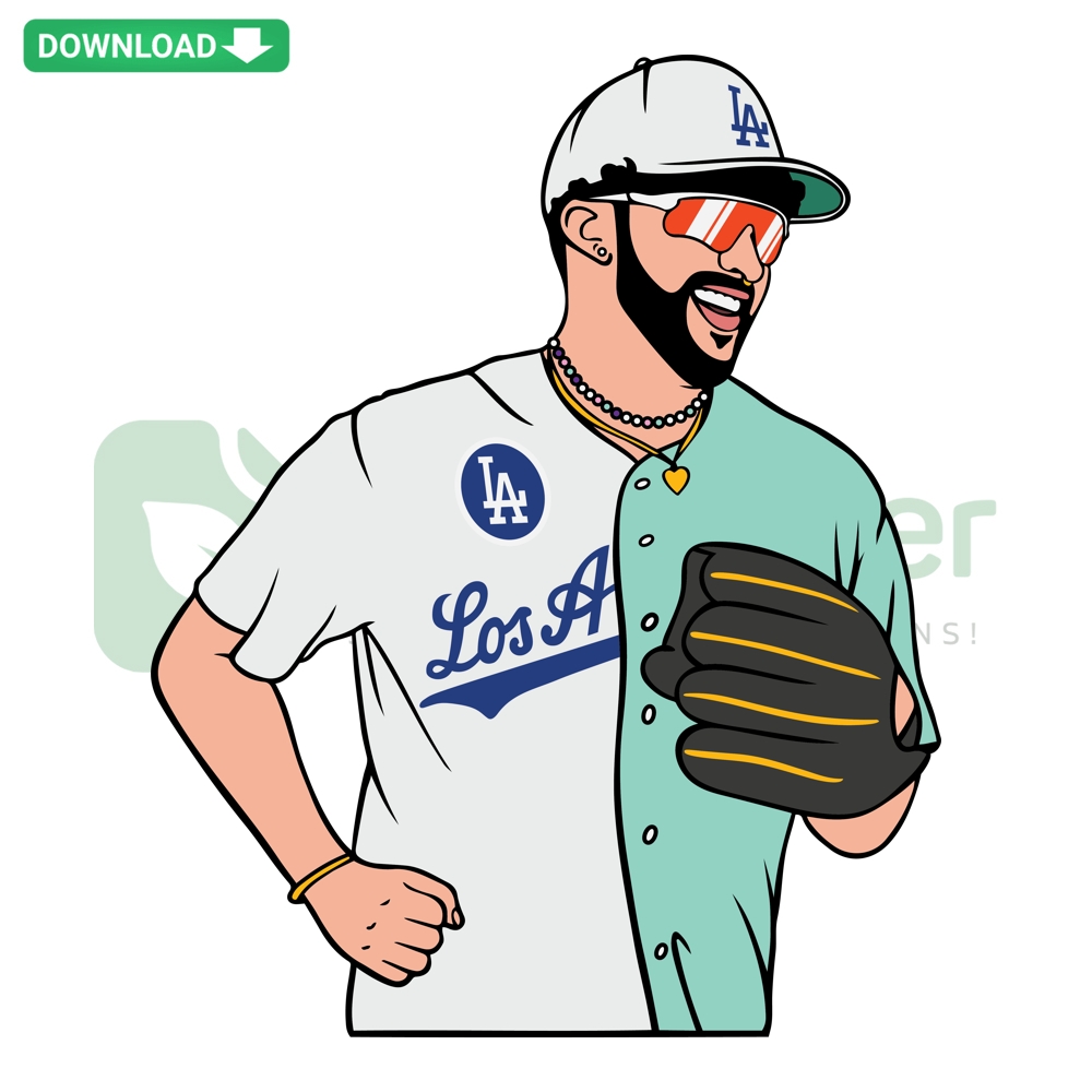 Bad Bunny in Dodgers jersey digital art; SVG PNG DXF EPS. Baseball fan design with Los Angeles Dodgers theme.
