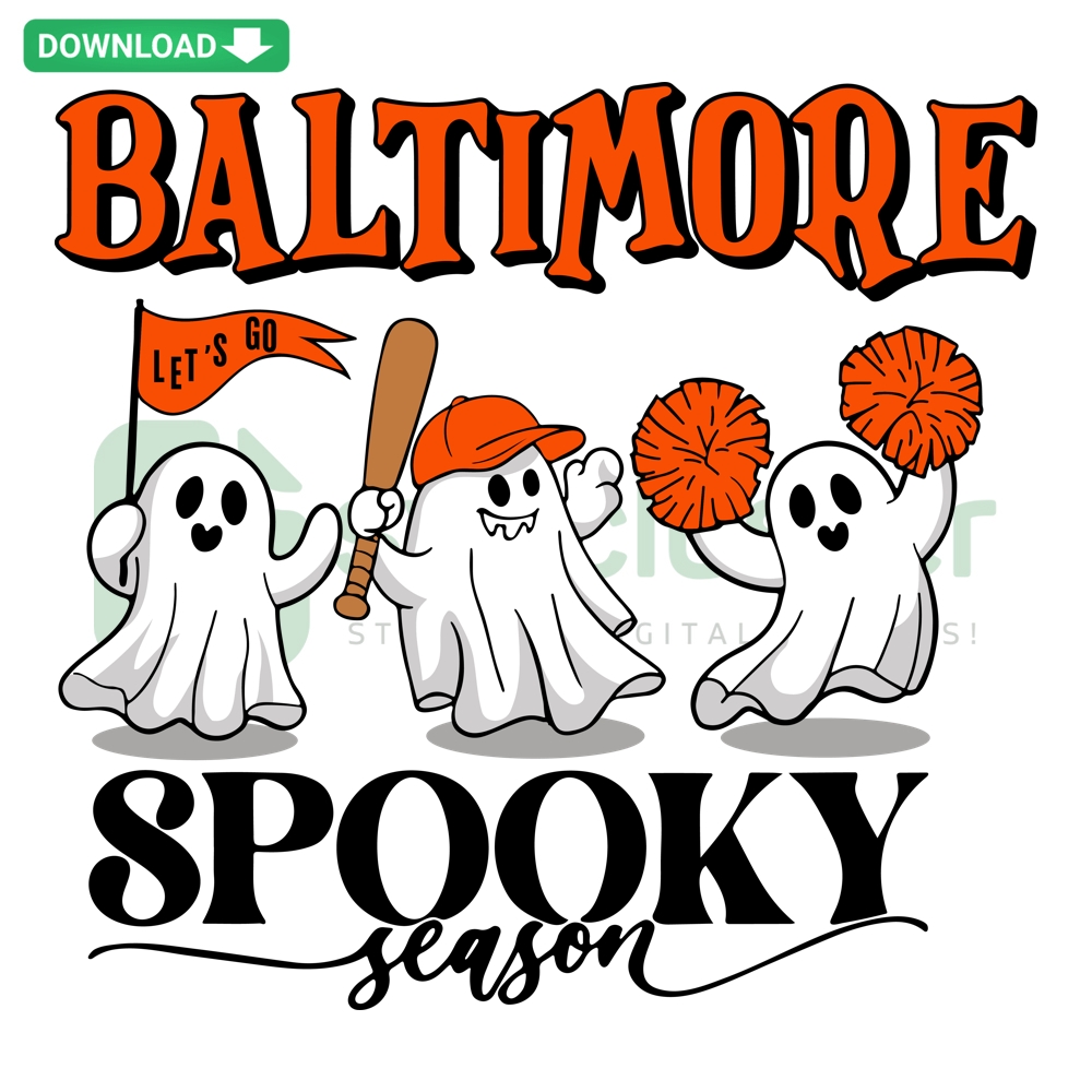 Baltimore Orioles Ghost Halloween SVG; spooky ghost holding bat, orange cap; baseball-themed Halloween digital design.