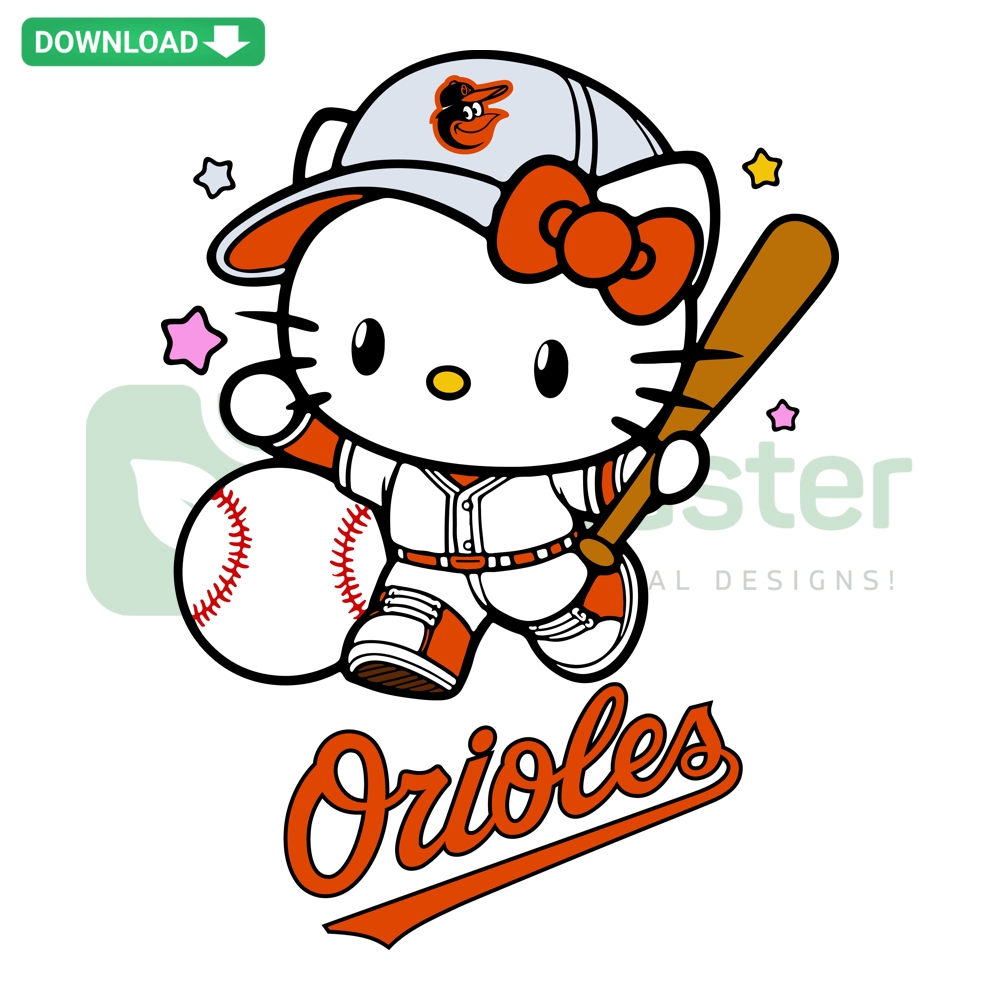 Hello Kitty in Baltimore Orioles attire, baseball-themed SVG artwork, digital file for crafting and design projects.