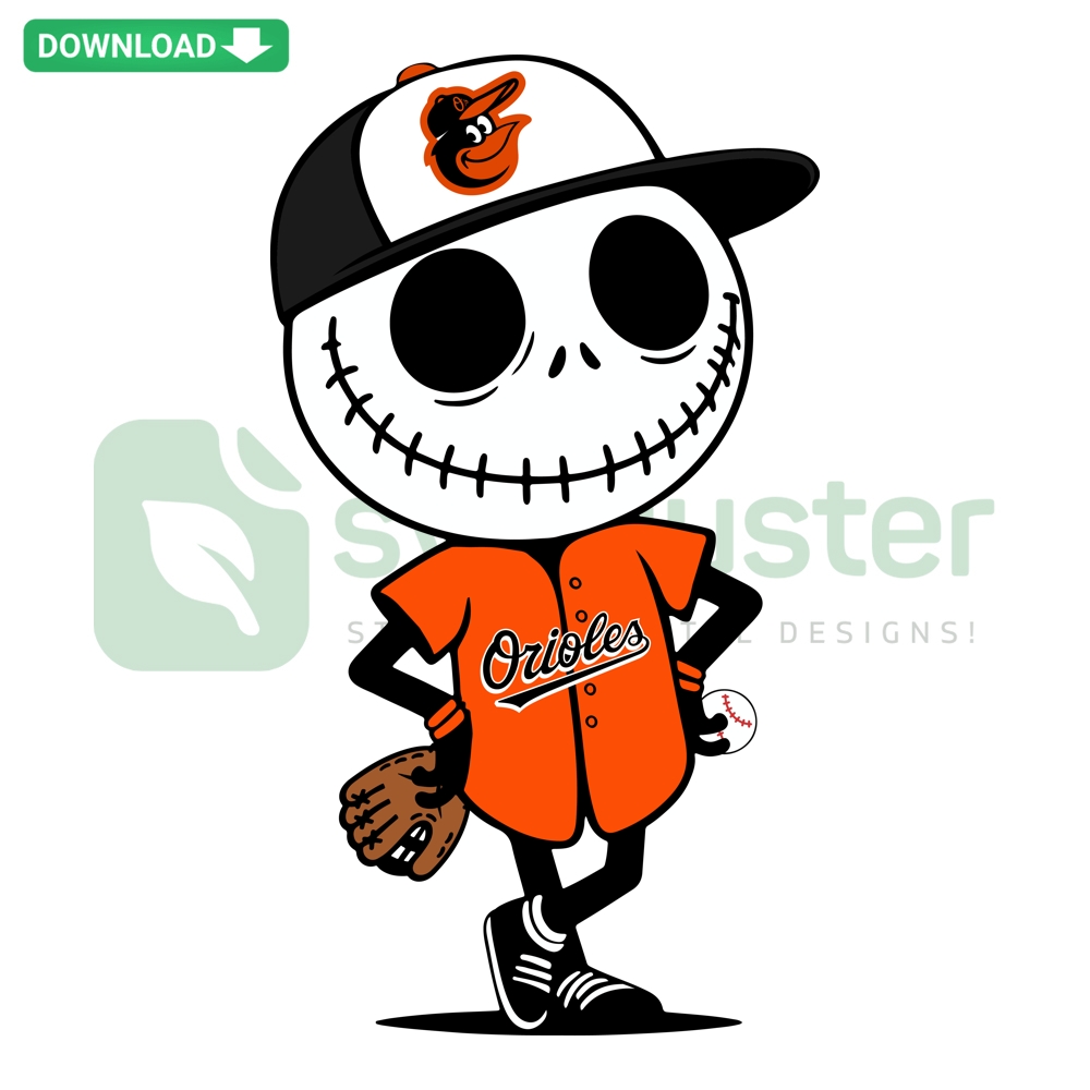 Jack Skellington Baltimore Orioles Halloween Baseball SVG PNG featuring spooky design with team logo and pumpkin accents.
