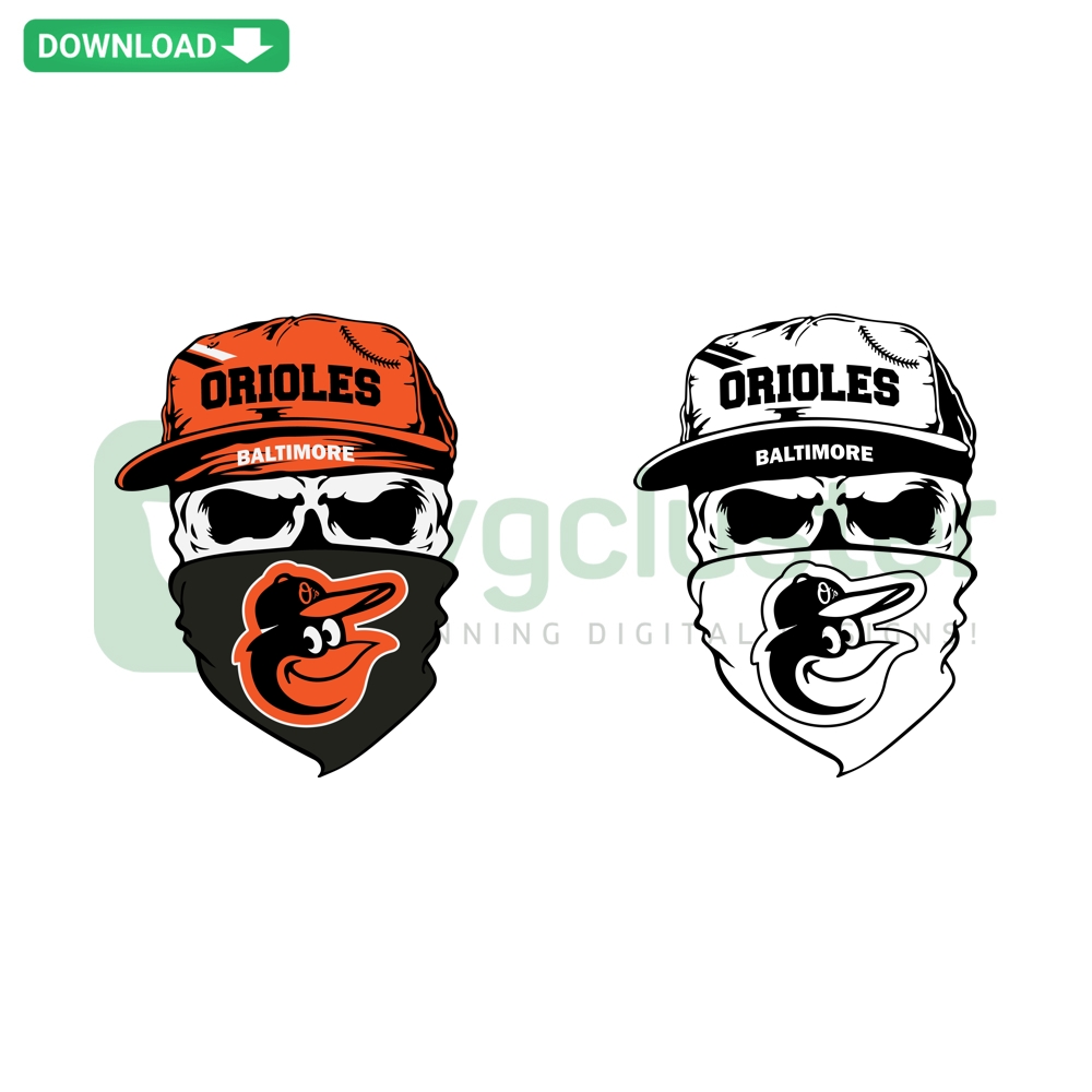 Baltimore Orioles Skull digital design featuring baseball team logo and skull motif in SVG, PNG, DXF, EPS formats.