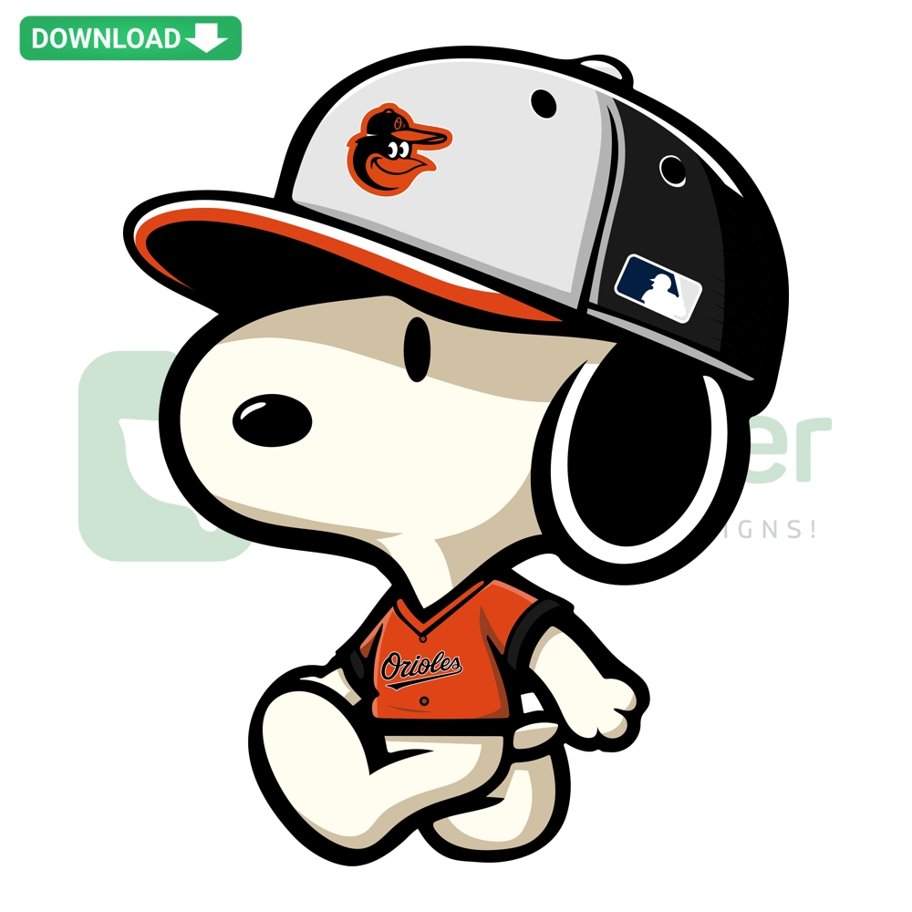 Snoopy with Baltimore Orioles logo, baseball cap; Baseball SVG PNG DXF EPS; cartoon style, team-themed digital artwork.
