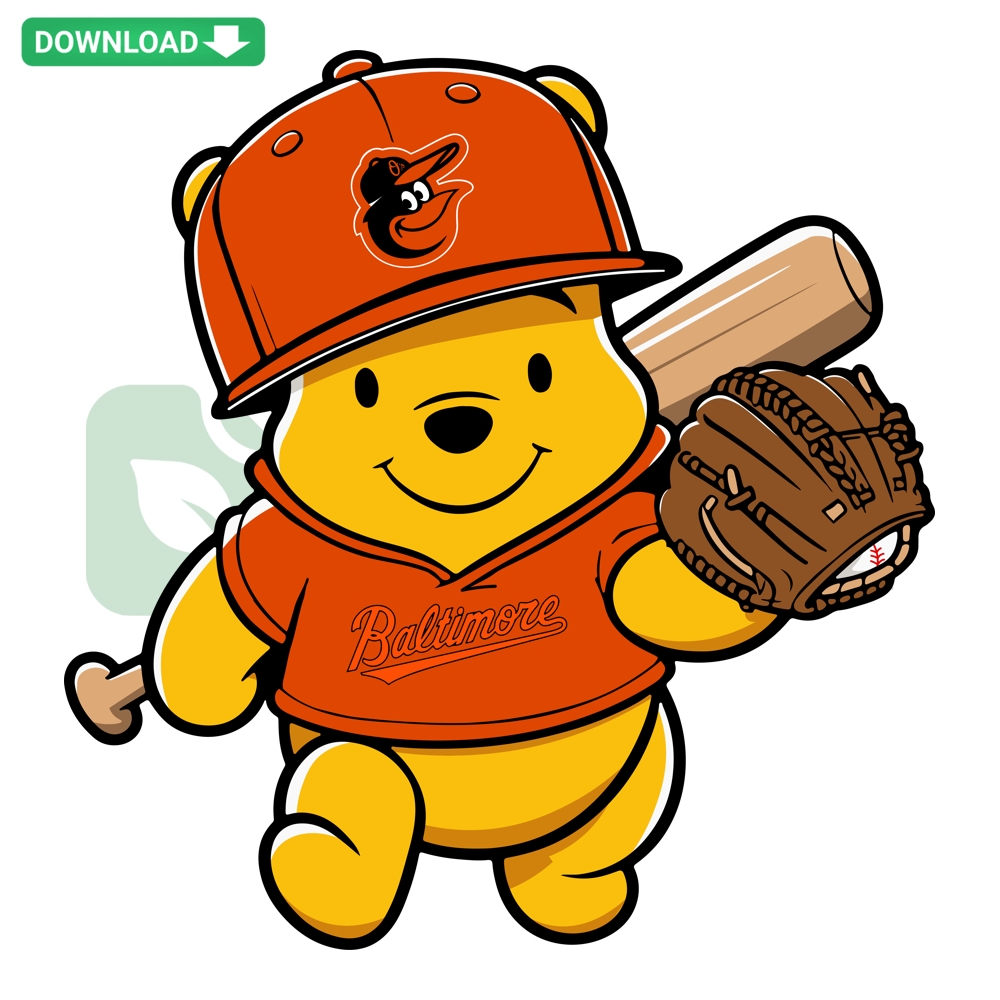Baltimore Orioles Winnie The Pooh Baseball SVG PNG Design – Cartoon bear in Orioles jersey holding bat, digital artwork.