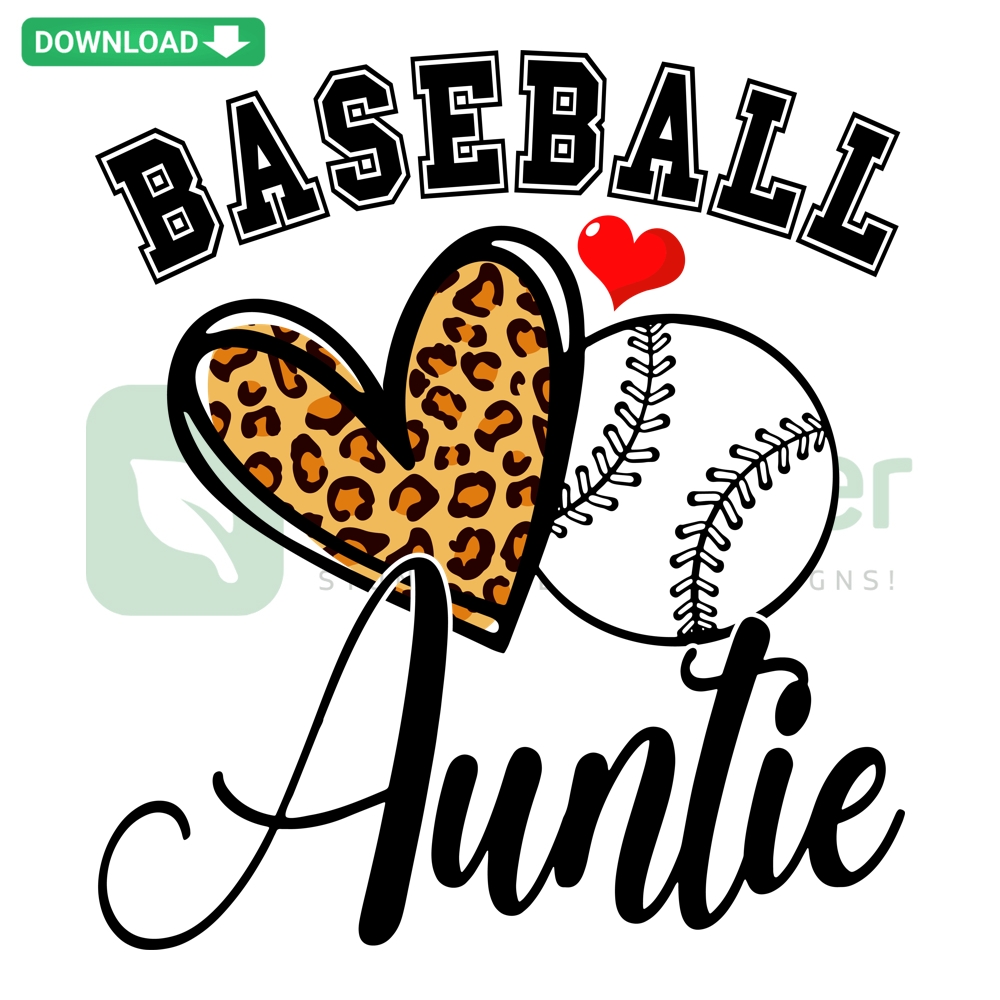 Baseball Auntie Leopard Heart SVG: Stylish leopard-patterned heart with Baseball Auntie text, perfect for sports-themed crafts.