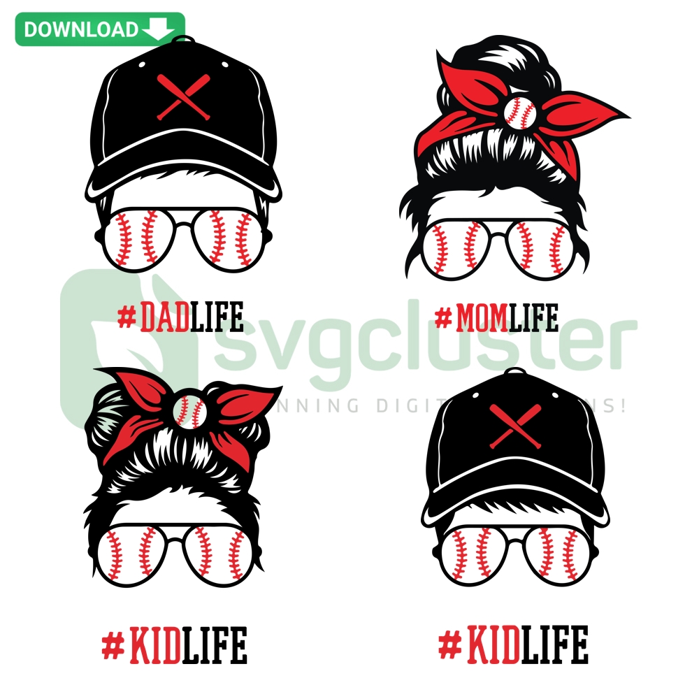 Baseball Fam Life Digital Art: Dadlife Kidlife Momlife Messy Bun SVG PNG DXF EPS - Cute family baseball theme design.