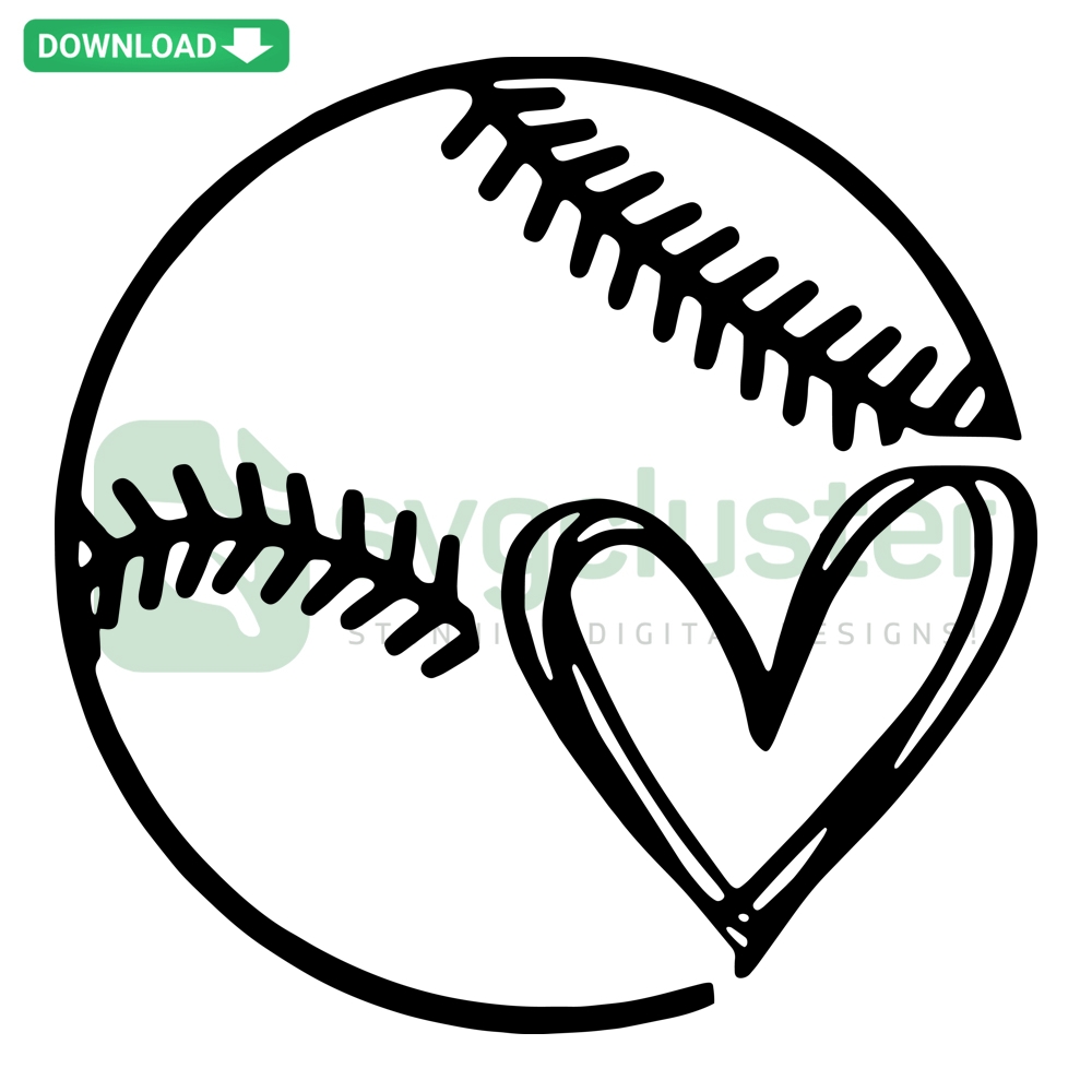 Heart-shaped baseball digital art with red stitches; perfect for sports lovers. SVG, PNG, DXF, EPS formats available.