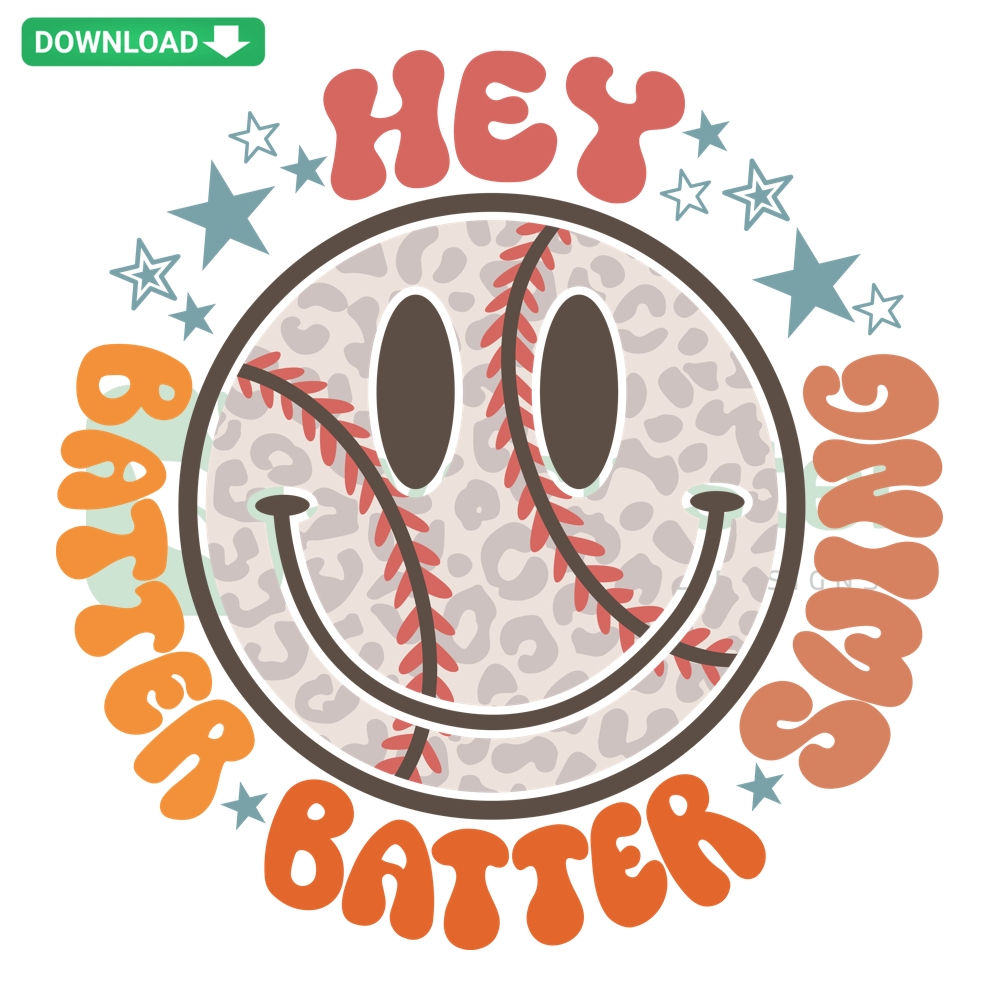 Retro smiley face with baseball cap and speech bubble saying Hey Batter Batter Swing digital art in SVG, PNG, DXF, EPS formats.