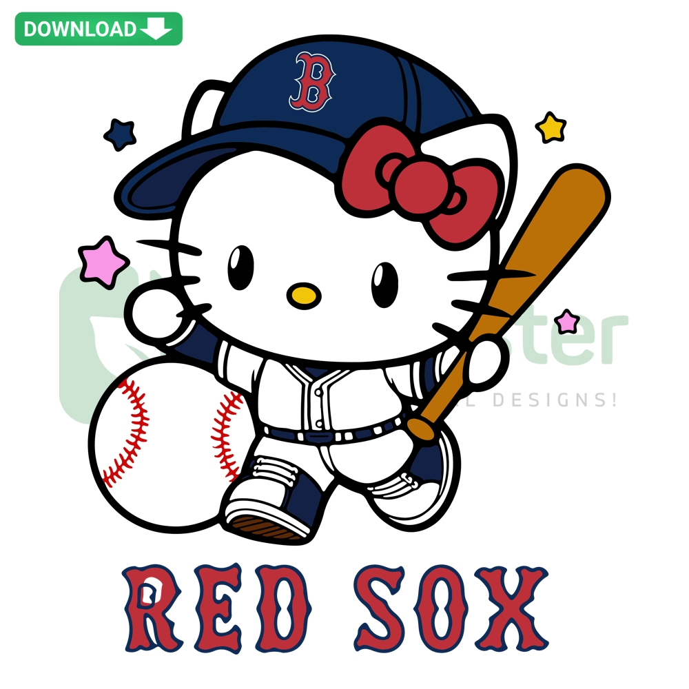 Hello Kitty Boston Red Sox SVG: Cute digital illustration for crafters featuring Hello Kitty in a Red Sox baseball uniform.