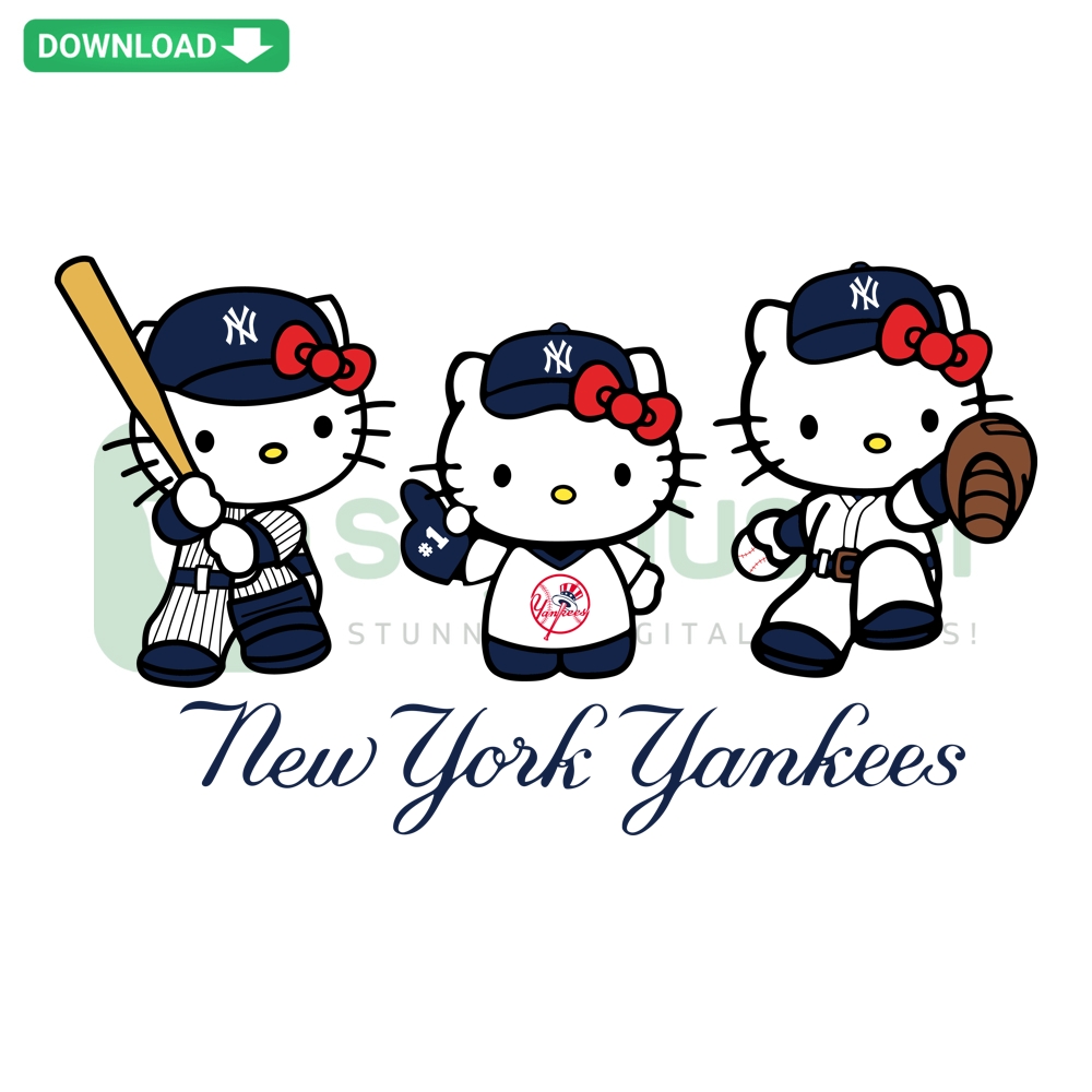 Hello Kitty New York Yankees Baseball Digital Art - Cute mascot in team cap & jersey, Premium SVG PNG DXF EPS files.