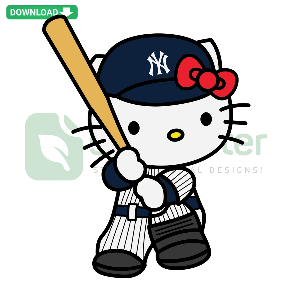 Hello Kitty New York Yankees character combining baseball with cute style, digital SVG PNG DXF EPS design, sports enthusiasts.