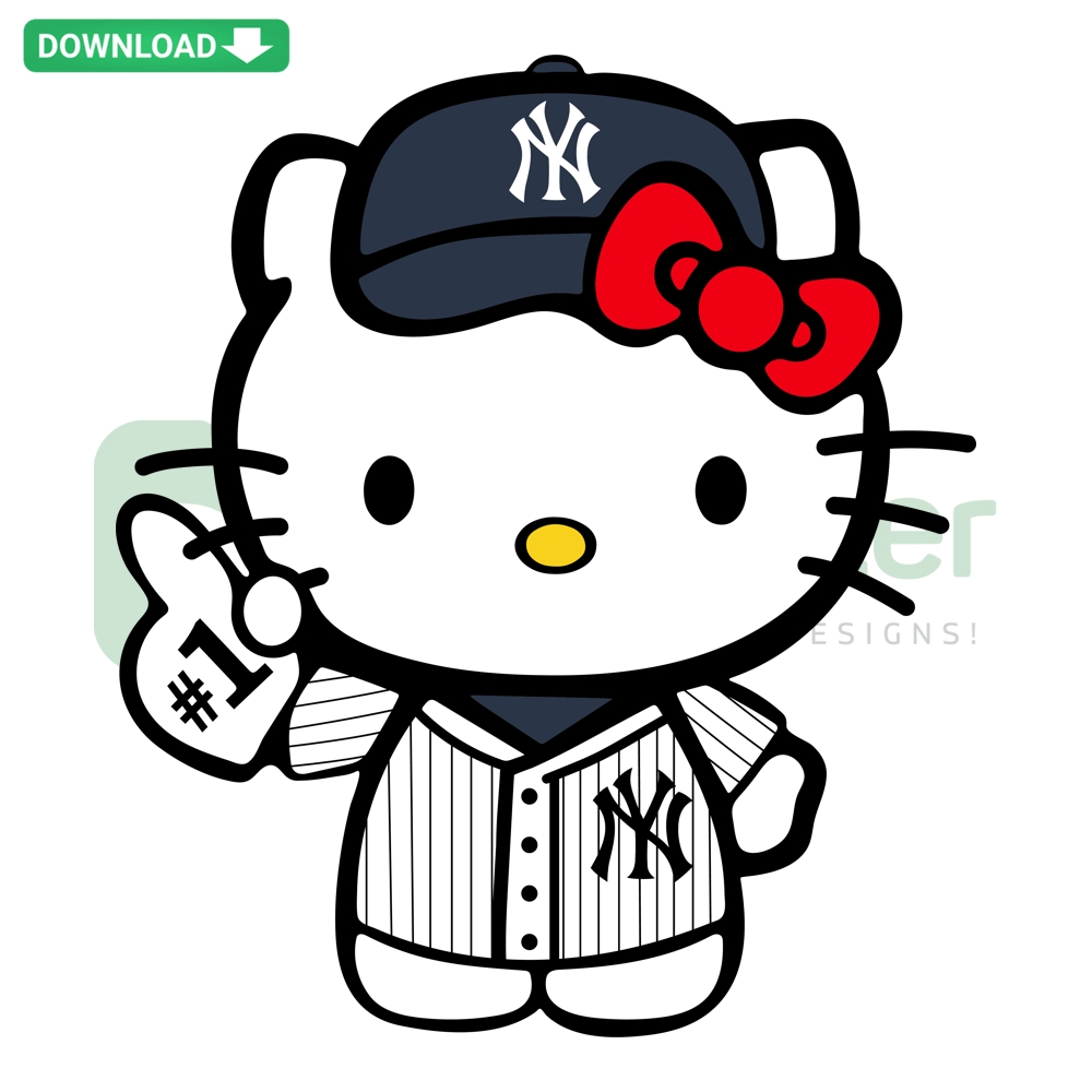 Hello Kitty wearing a New York Yankees cap, SVG PNG file for crafts, MLB fan design, Hello Kitty sports decoration.