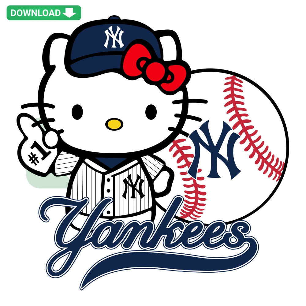 Hello Kitty wearing NY Yankees cap, baseball SVG design, sports fan art, kawaii inspired, digital download, cute MLB graphic.