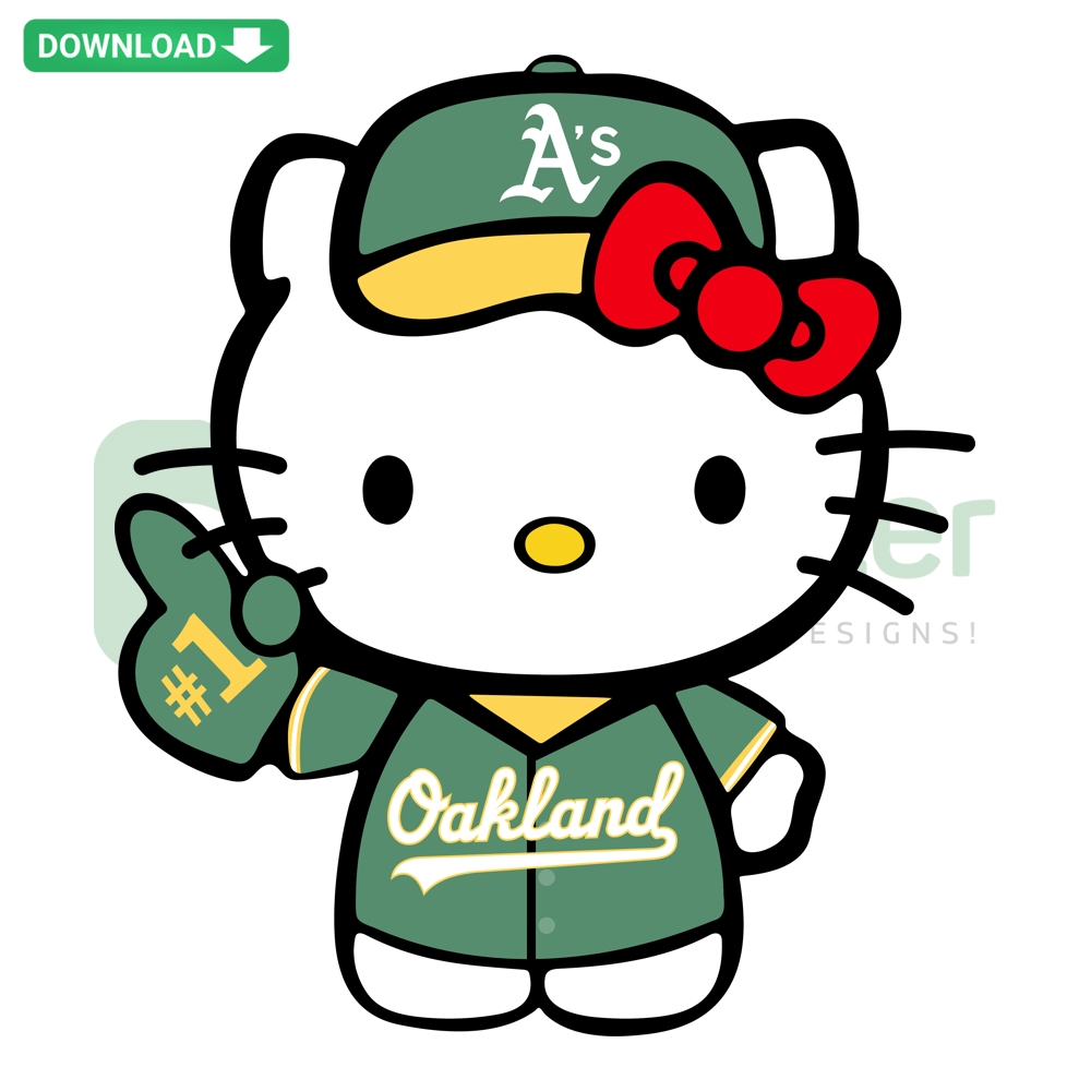 Hello Kitty wearing Oakland Athletics cap, SVG PNG cut files. Playful sports design for crafting and customization projects.