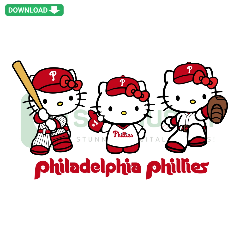 Hello Kitty Philadelphia Phillies Baseball Creative Design SVG PNG DXF EPS Kit - Adorable cat in Phillies colors with baseball elements.