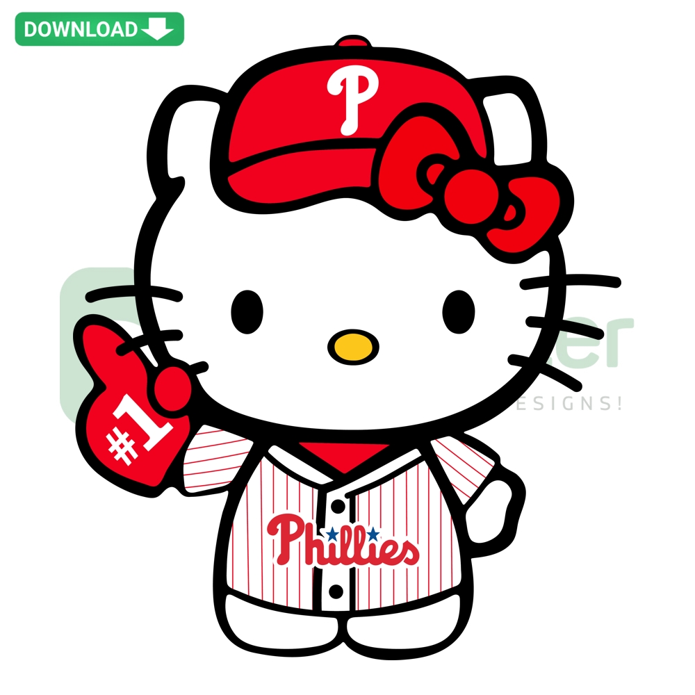 Hello Kitty in Philadelphia Phillies outfit SVG, PNG Cut Files, perfect for Cricut, featuring red cap, logo, and iconic bow.