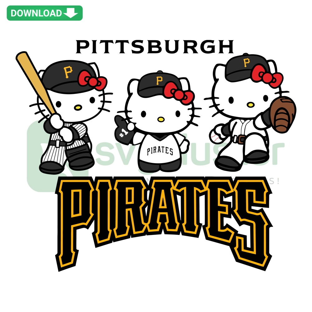 Hello Kitty Pittsburgh Pirates Baseball Design Bundle: SVG, PNG, DXF, EPS Files - Cute Kitty with Team Logo & Colors.