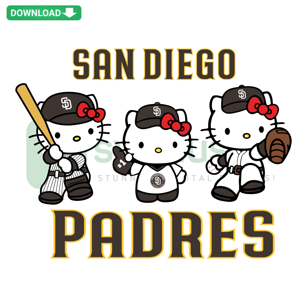 Hello Kitty San Diego Padres Baseball Vector Art - Cute character in Padres uniform, vector formats SVG PNG DXF EPS.