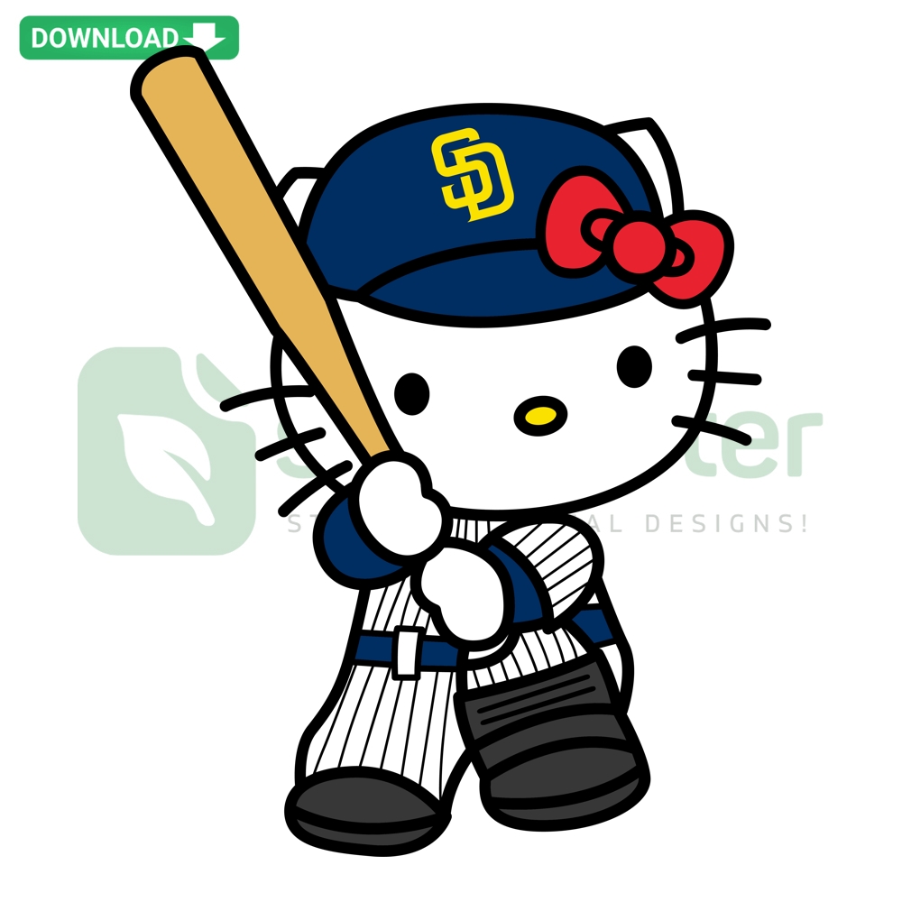 Hello Kitty San Diego Padres Design SVG PNG DXF EPS - Cute Kitty wearing Padres baseball cap, perfect for fun sports-themed graphics.