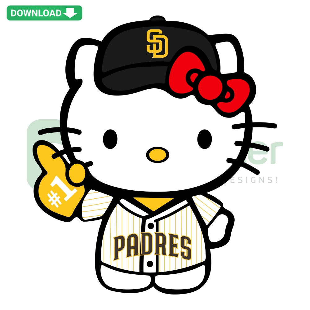 Hello Kitty wearing San Diego Padres cap SVG PNG cut files, perfect for crafts and fan merchandise.