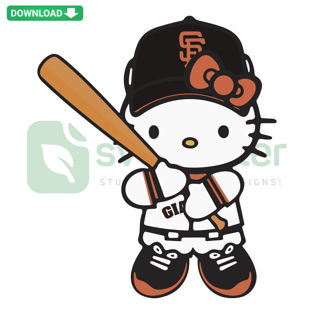 Hello Kitty in San Francisco Giants attire, baseball team art, multi-format digital files SVG PNG DXF EPS.
