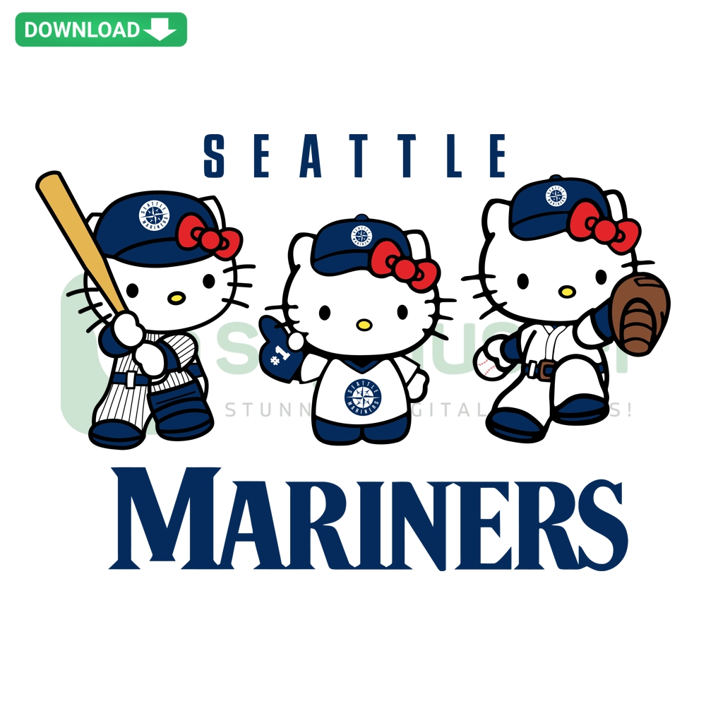 Hello Kitty Seattle Mariners Baseball SVG PNG DXF EPS Set featuring cute Hello Kitty in baseball attire with team logo elements.