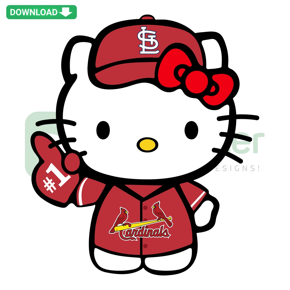 Hello Kitty wearing St Louis Cardinals jersey SVG PNG, perfect for Cricut, cute baseball-themed cut files for crafts and designs.