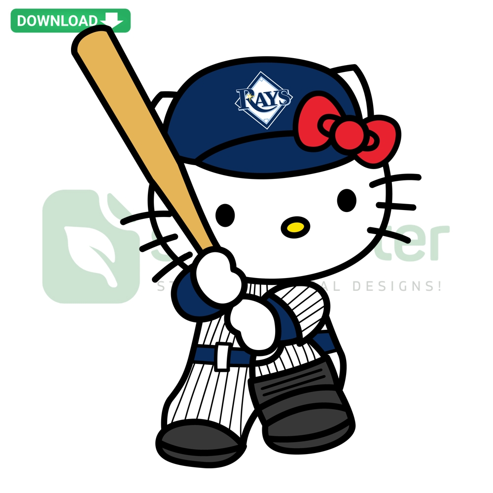 Cute Hello Kitty in Tampa Bay Rays gear, holding a baseball bat; digital download SVG PNG DXF EPS for crafting and printing.