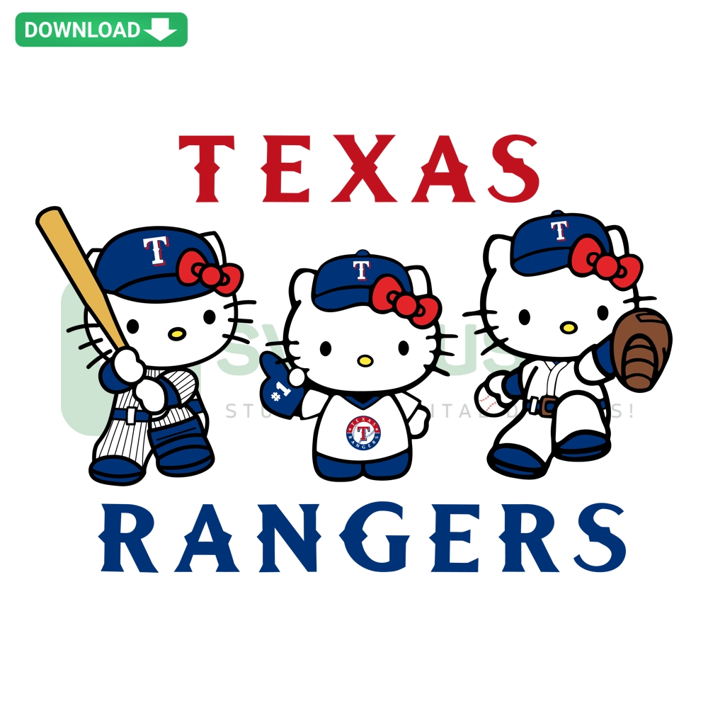 Hello Kitty Texas Rangers Baseball Design - Cute SVG PNG DXF EPS Bundle featuring baseball elements and Hello Kitty character.