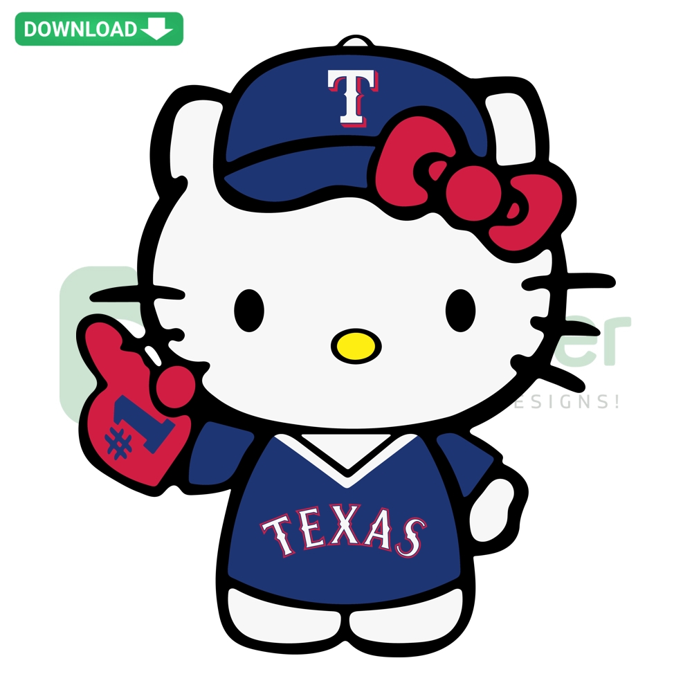 Hello Kitty Texas Rangers baseball design featuring cute kitty in team uniform. SVG PNG DXF EPS. Perfect for fans & crafts.