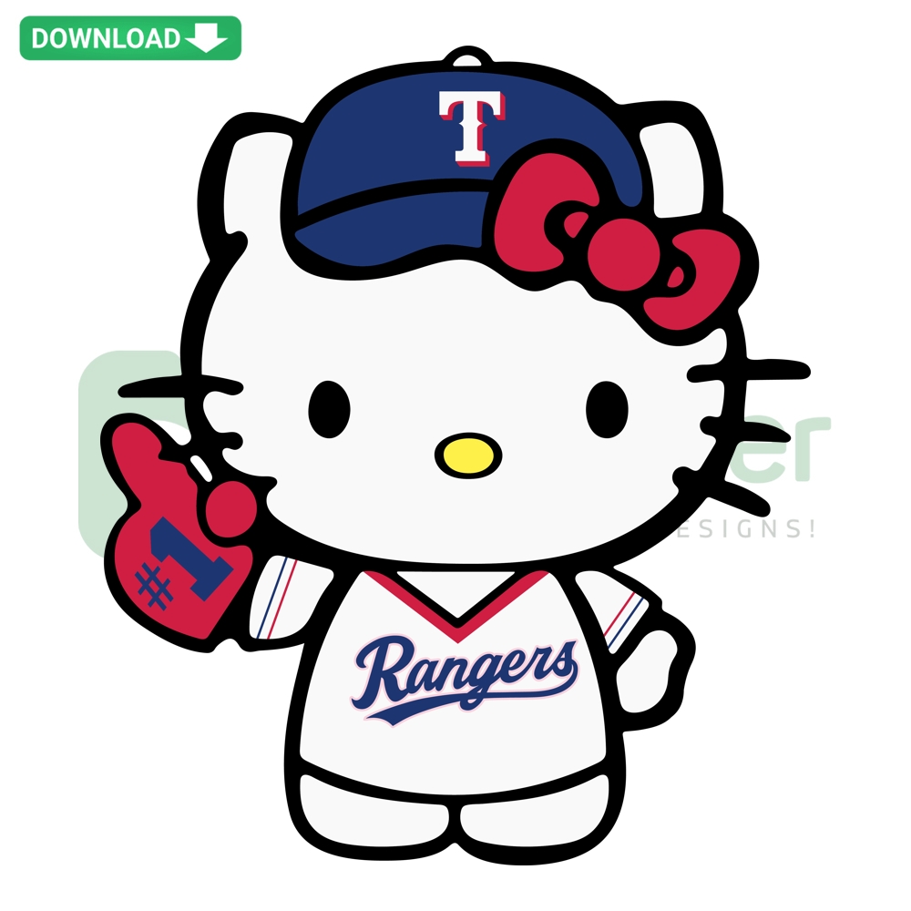 Hello Kitty Texas Rangers Digital Art SVG PNG DXF EPS, cute character in baseball uniform, whimsical sports design.
