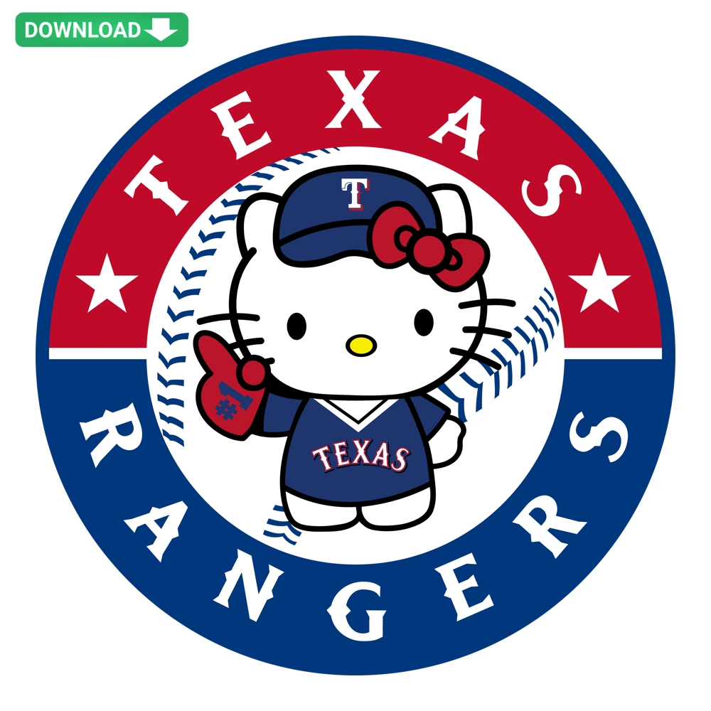 Hello Kitty in Texas Rangers jersey, Character Sports Collection, baseball-themed design, cute collaboration, kawaii sports gear.