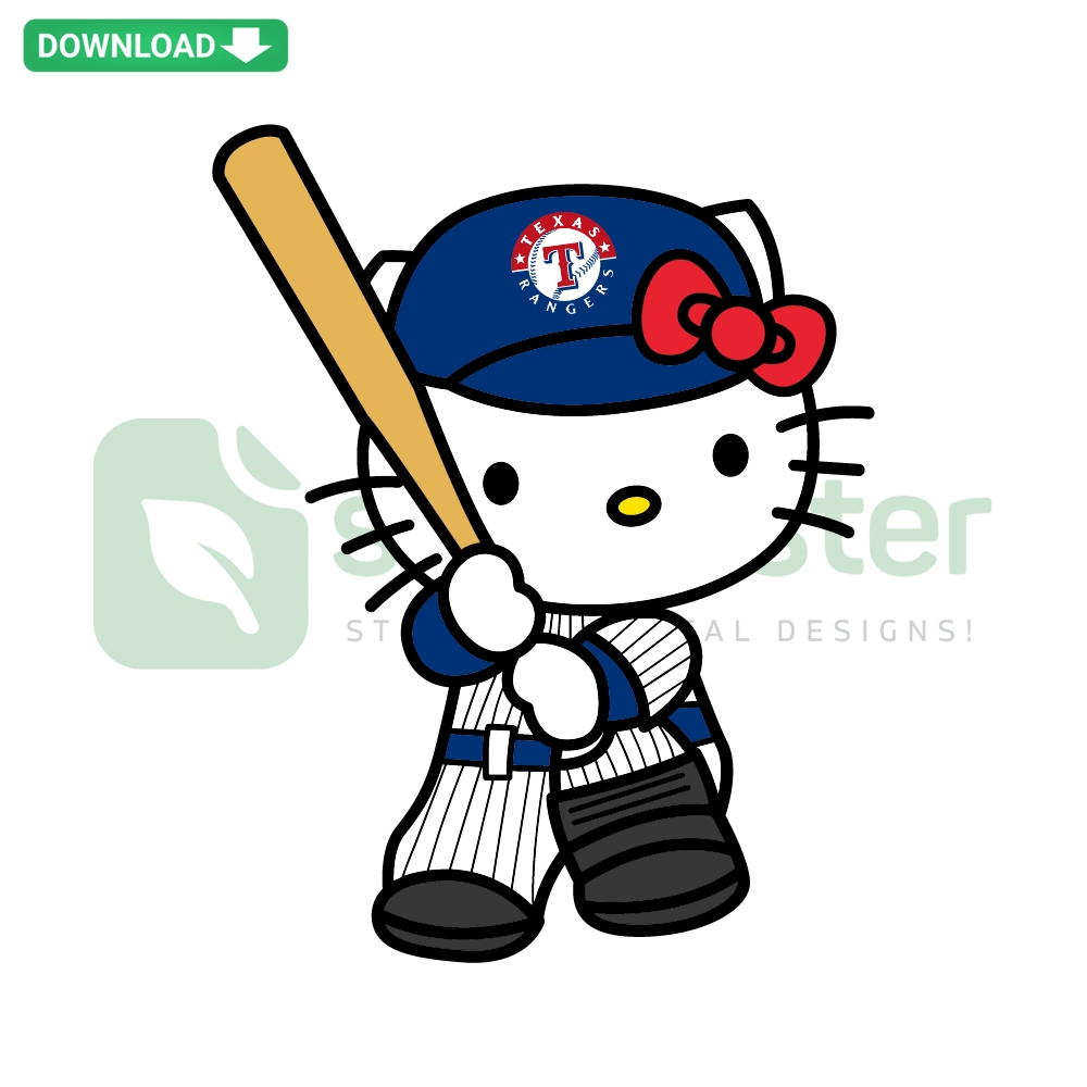 Hello Kitty Texas Rangers graphic in SVG, PNG, DXF, EPS formats featuring cute kitty with baseball cap, perfect for fans and crafts.