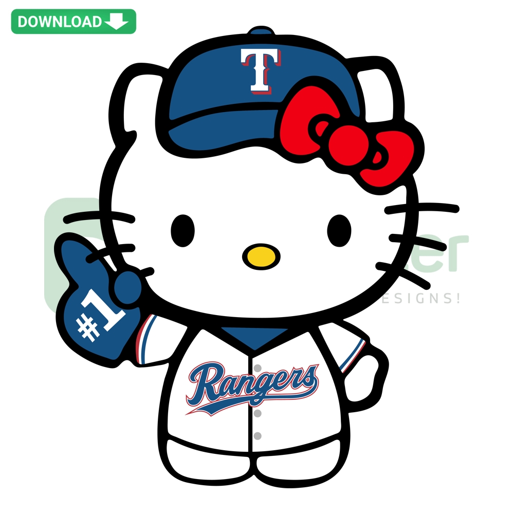 Hello Kitty Texas Rangers SVG PNG Cut Files featuring Hello Kitty in a Texas Rangers cap and jersey design.