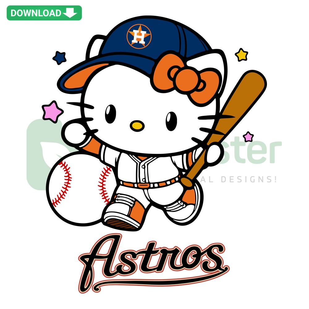 Hello Kitty dressed in Houston Astros gear, digital baseball SVG, sports mascot art, cute character design for fans.