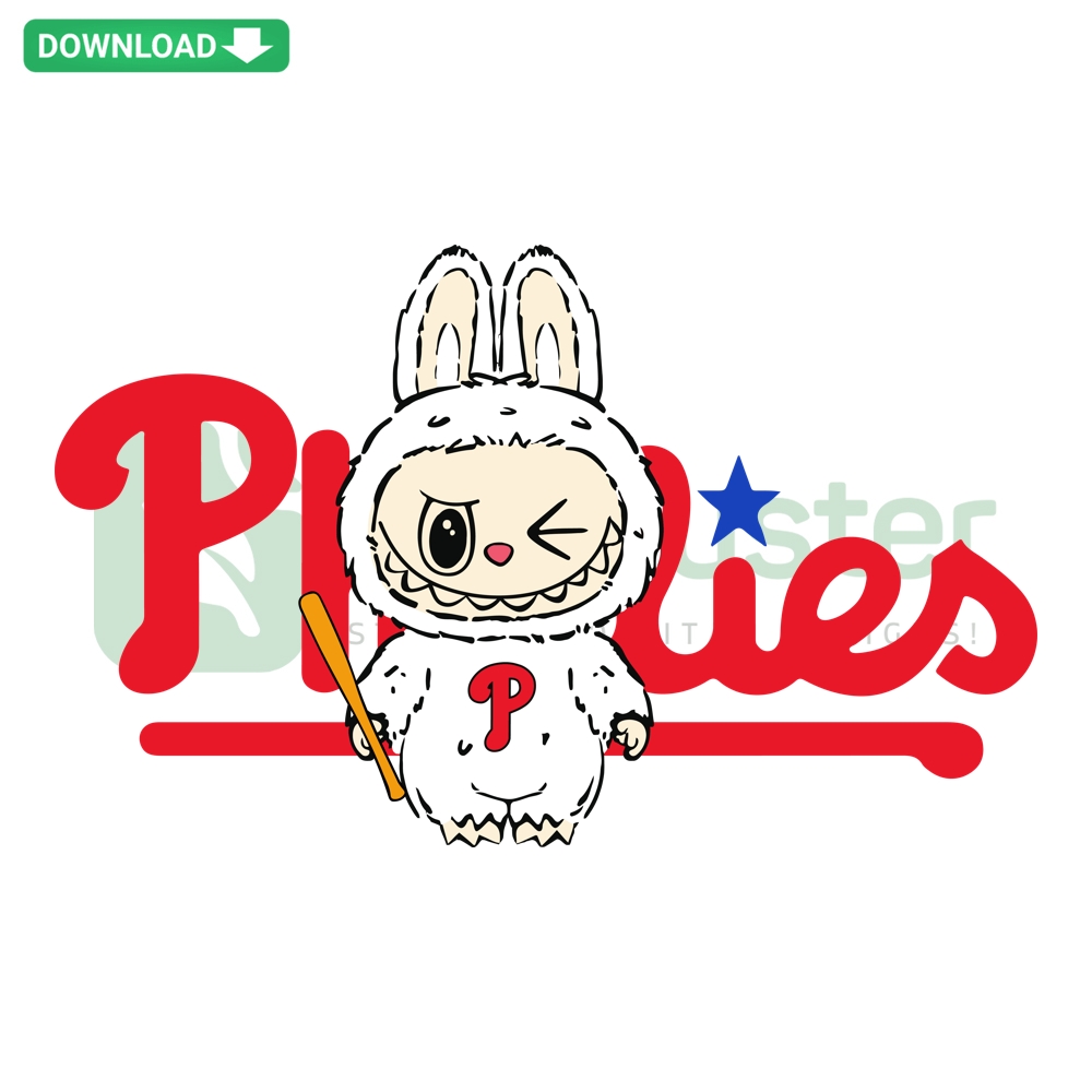 Labubu Philadelphia Phillies Character SVG: Adorable cartoon Labubu in Phillies baseball uniform, perfect for digital design projects.