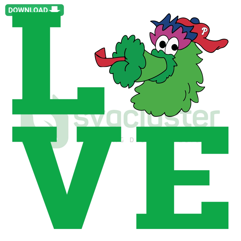 Philadelphia Phillies Phanatic SVG Design: Love-themed baseball fan graphic featuring iconic mascot, ideal for crafting and apparel.