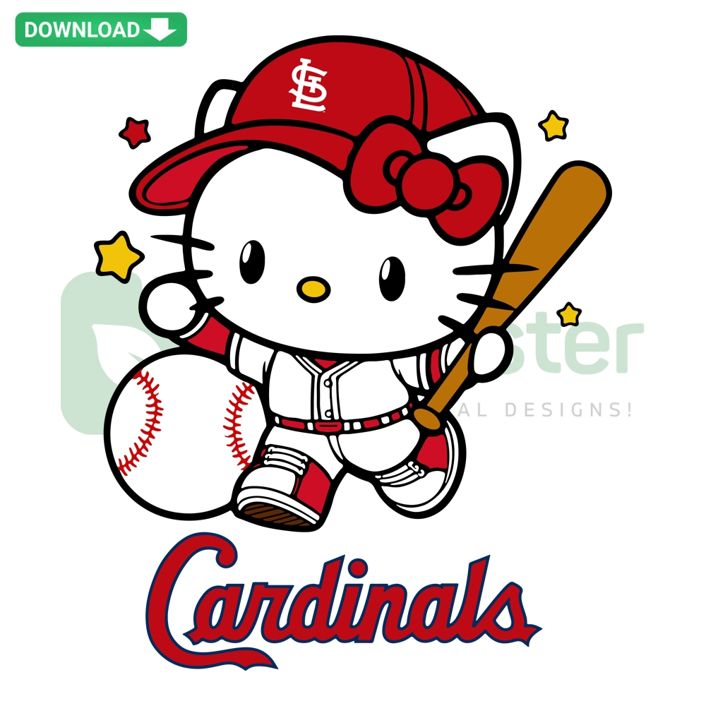 Hello Kitty wearing St Louis Cardinals baseball cap, holding bat; Baseball SVG, Cardinals-inspired design.
