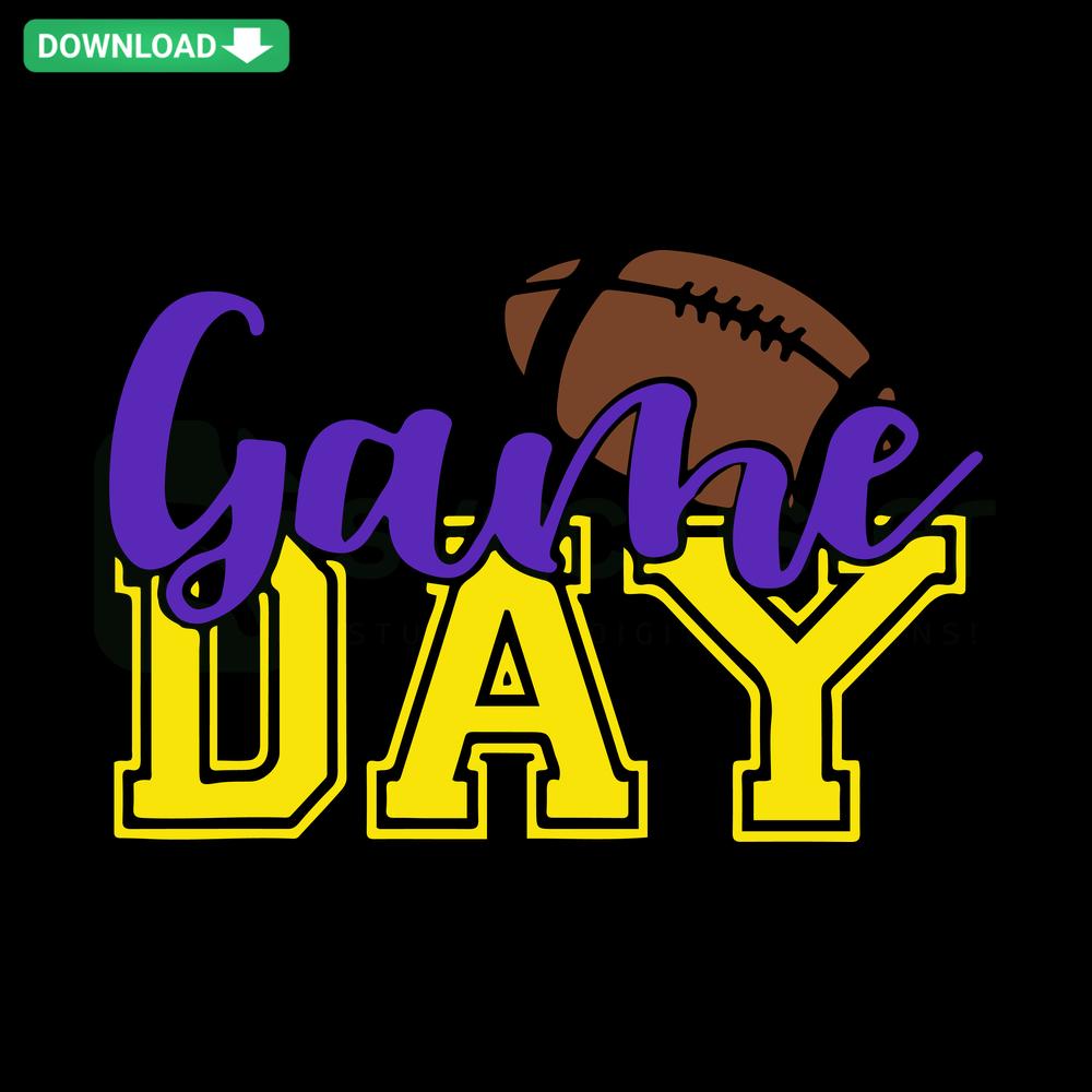 Purple and Gold Football Game Day Vibes SVG with trendy font, ideal for sports and cheer crafts, free SVG download for all occasions.